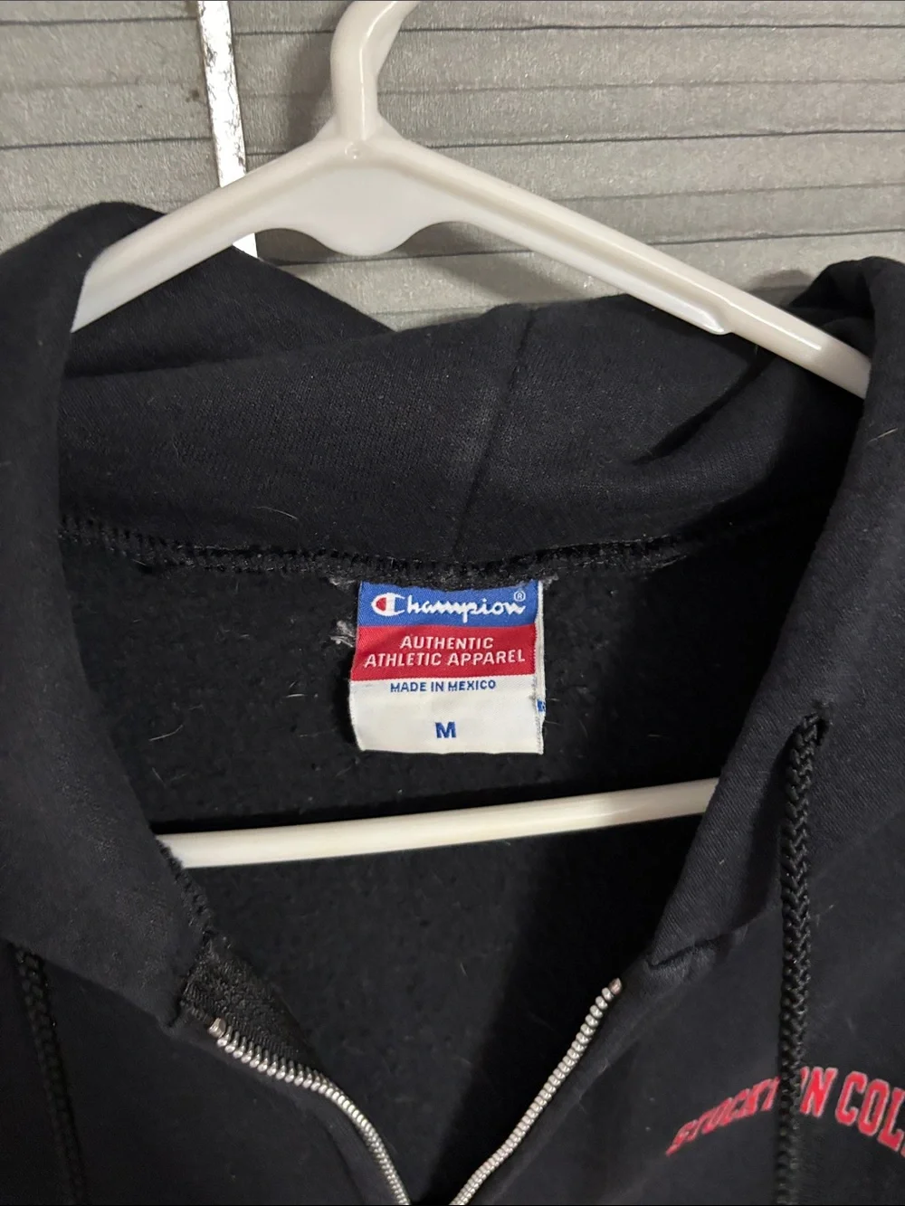 Champion Black Zip Hoodie with Red Stockton College Logo